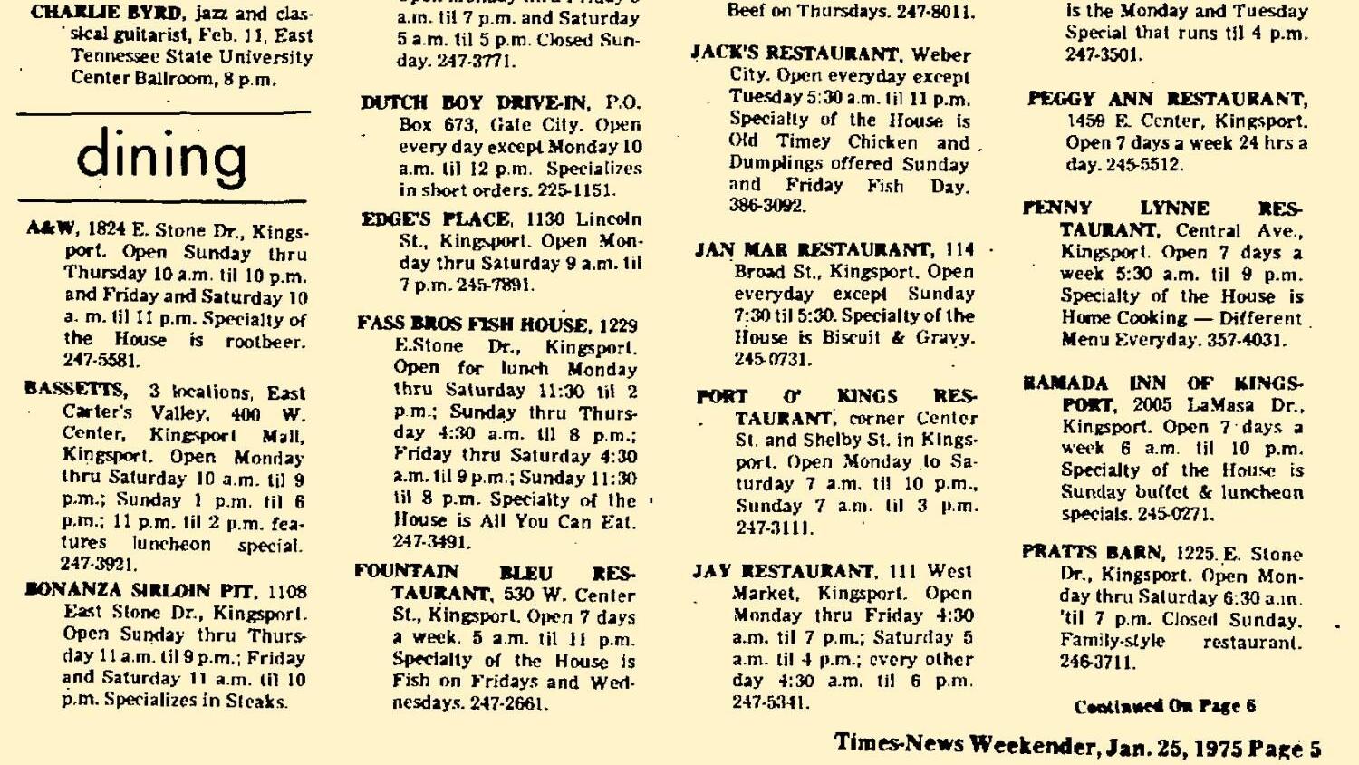 Relatively few restaurants from 1975 area directory remain today